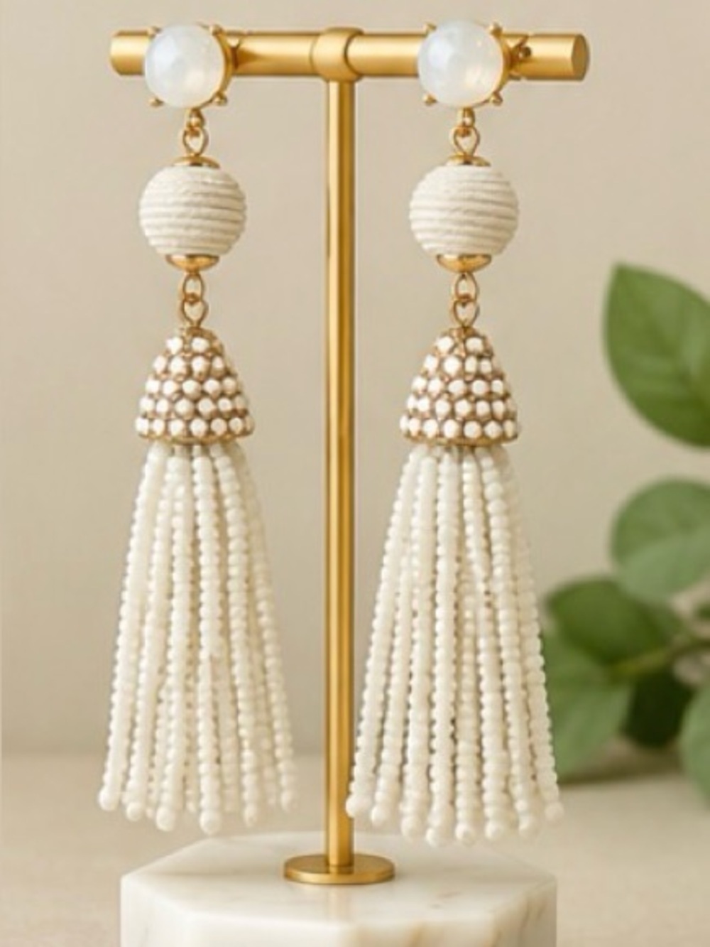 Elegant White Beaded Tassel Statement Earrings